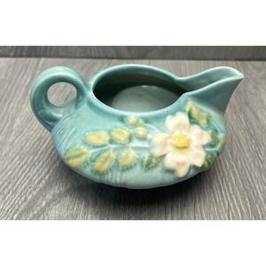 Vintage Roseville White Rose Pottery Creamer Pitcher Aqua Blue Small Floral USA